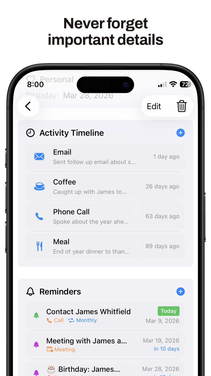 Activity timeline and reminders on iOS